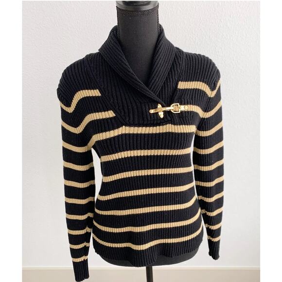 Lauren Ralph Lauren Black Metallic Gold Latch Thick Rib Sweater Medium - Picture 2 of 6